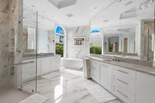 bathroom featuring tile walls, vanity, crown molding, and plus walk in shower