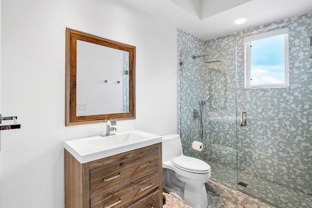 bathroom with toilet, vanity, and walk in shower