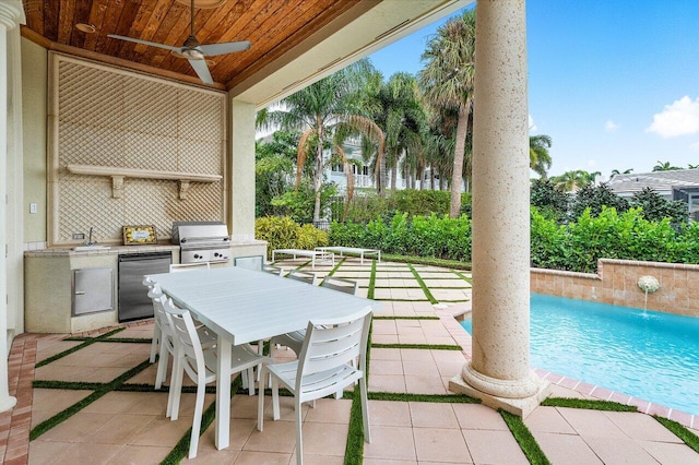 view of patio / terrace featuring ceiling fan, an outdoor kitchen, a grill, pool water feature, and sink