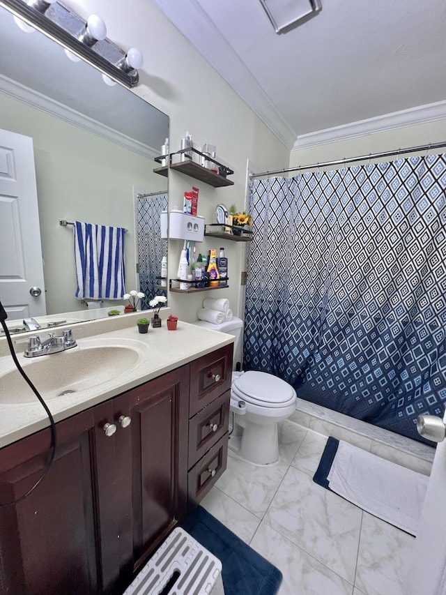 bathroom with toilet, ornamental molding, and vanity