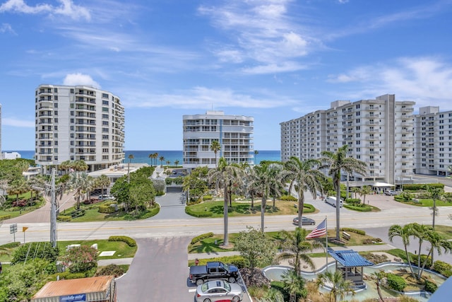 exterior space with a water view