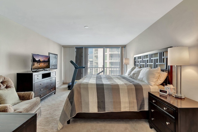 bedroom featuring access to exterior and light colored carpet