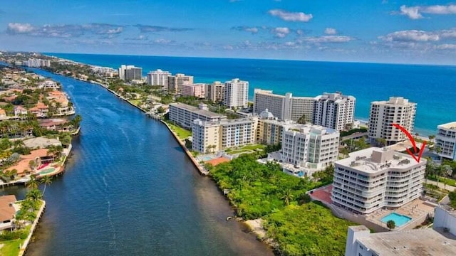 aerial view featuring a water view