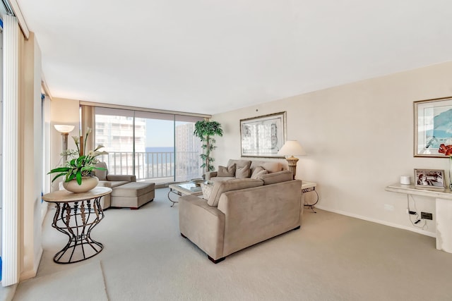 living room with expansive windows and carpet