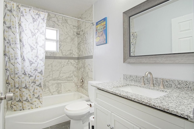 full bathroom featuring toilet, vanity, shower / tub combo, and tile patterned flooring