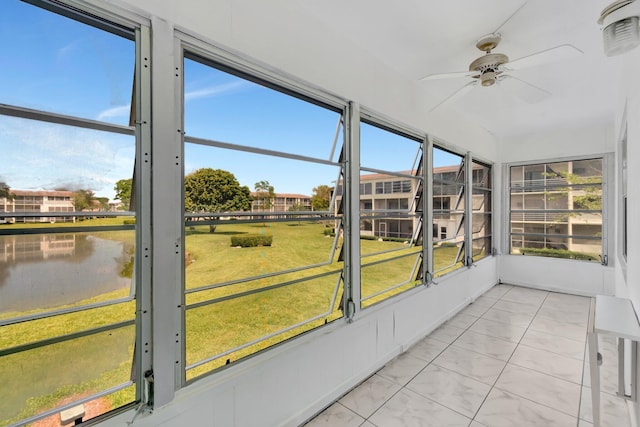 351 Preston I, Boca Raton, FL 33434 - unfurnished sunroom featuring a ceiling fan and a water view