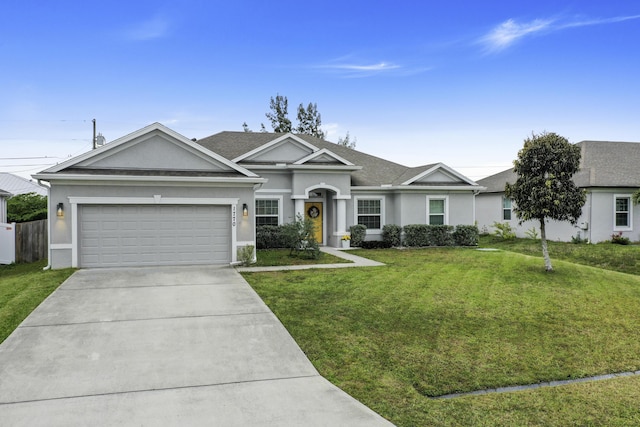 single story home featuring a garage, concrete driveway, a front lawn, and stucco siding