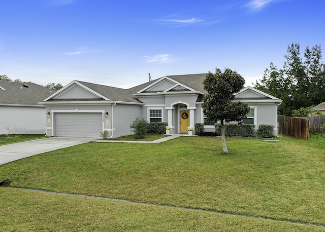 ranch-style home with a garage and a front lawn