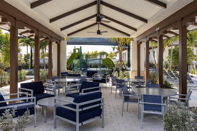 view of patio / terrace featuring a playground, a gazebo, and ceiling fan