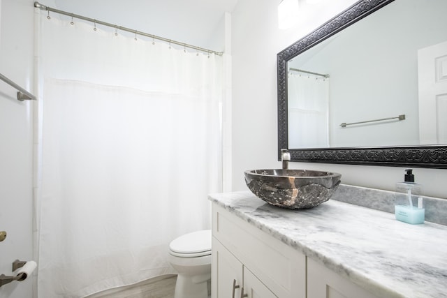 bathroom with toilet, curtained shower, wood finished floors, and vanity