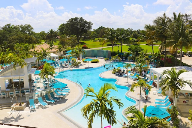 view of pool with a pergola and a patio area