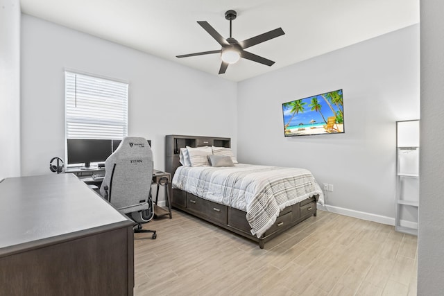 bedroom with ceiling fan and light hardwood / wood-style floors