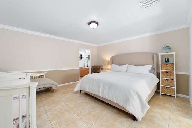 bedroom featuring light tile patterned flooring and crown molding