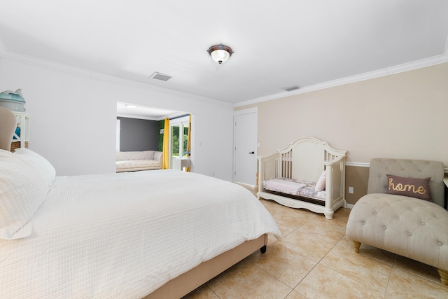 tiled bedroom featuring ornamental molding