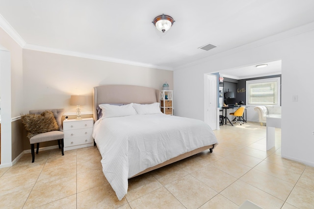 bedroom featuring crown molding and light tile patterned flooring