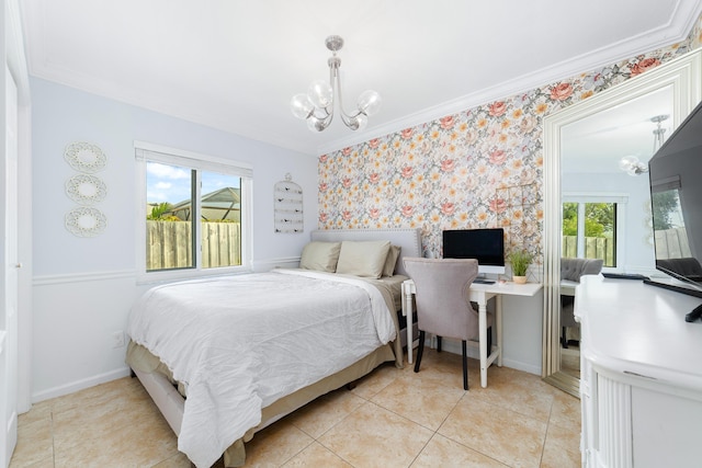 tiled bedroom featuring crown molding and an inviting chandelier