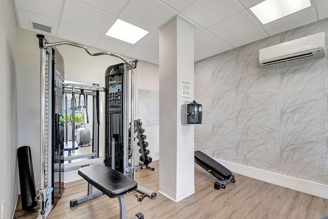 workout area with hardwood / wood-style floors, a paneled ceiling, and an AC wall unit