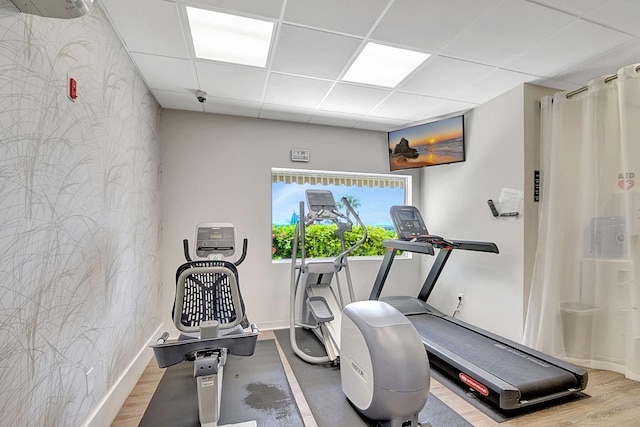 exercise room featuring hardwood / wood-style floors and a paneled ceiling