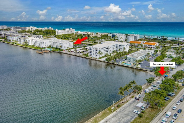 bird's eye view with a water view