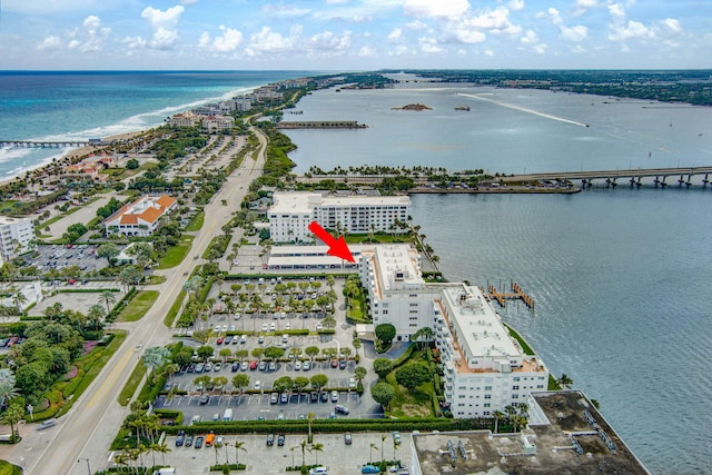 drone / aerial view featuring a water view