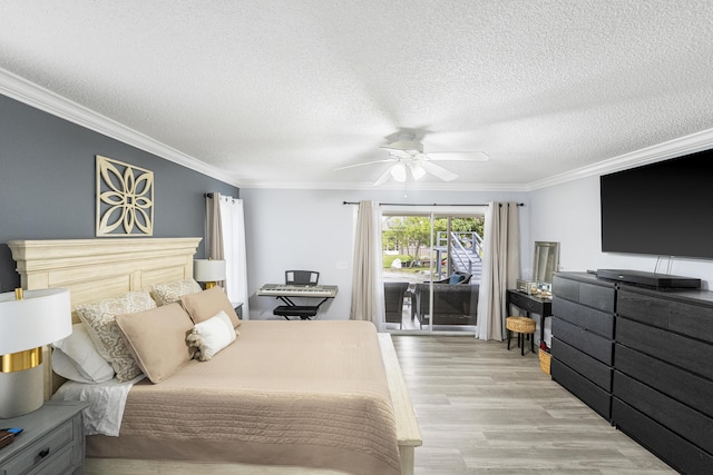 bedroom with ceiling fan, access to exterior, a textured ceiling, and crown molding