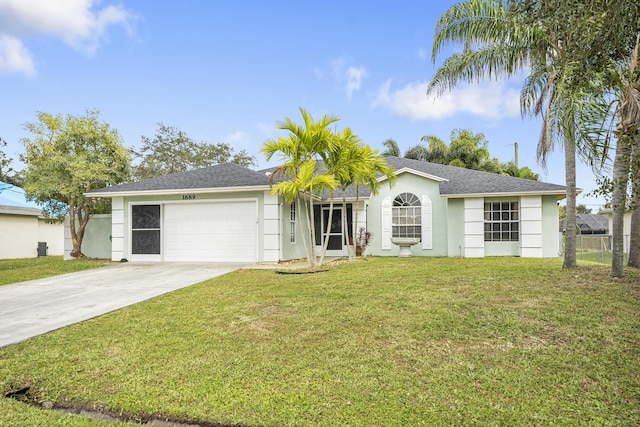 ranch-style home featuring a garage and a front lawn