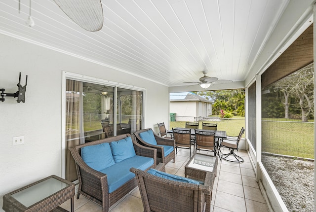 sunroom featuring ceiling fan and wood ceiling