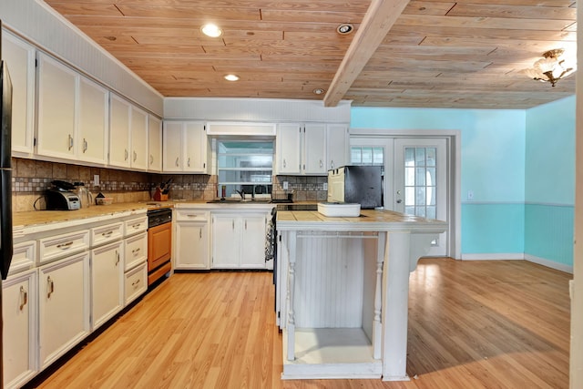 kitchen with white cabinetry, wooden ceiling, beamed ceiling, light hardwood / wood-style floors, and backsplash