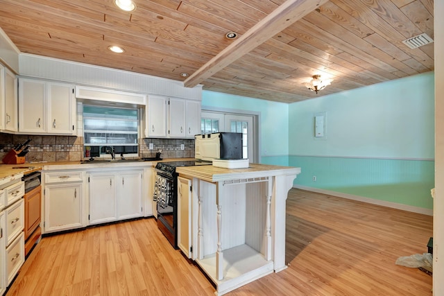 kitchen with white cabinets, sink, wooden ceiling, and electric range