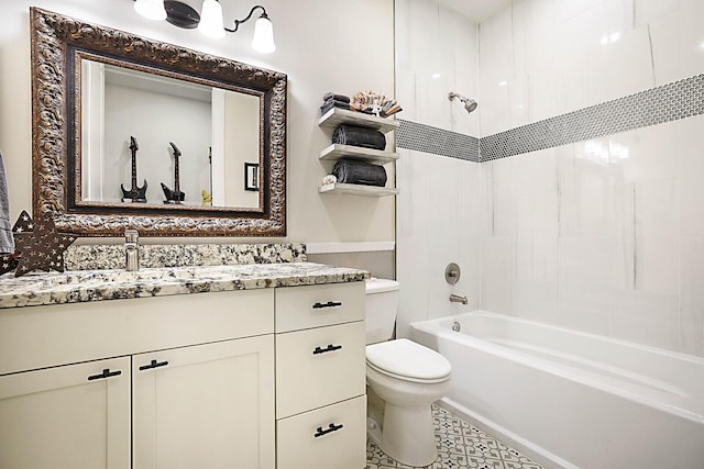 full bathroom featuring bathing tub / shower combination, vanity, and toilet