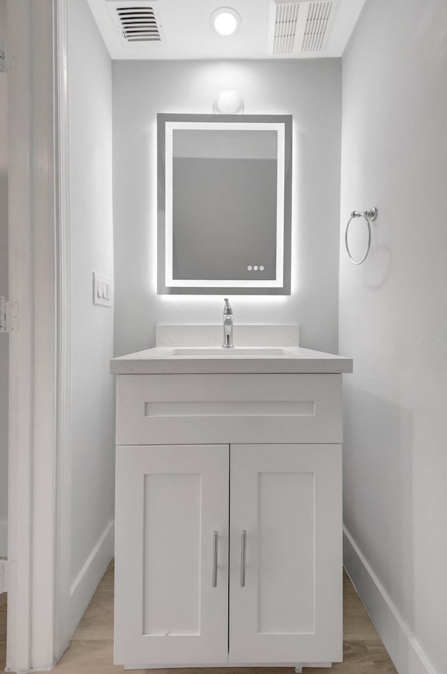 bathroom with vanity and wood-type flooring