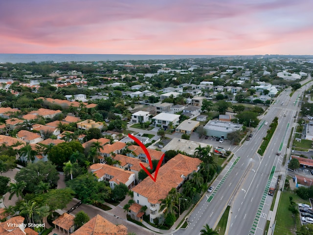 view of aerial view at dusk