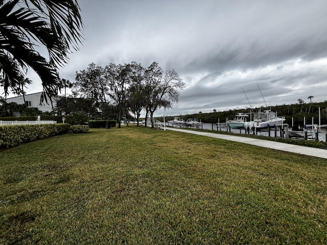 view of yard featuring a dock and boat lift