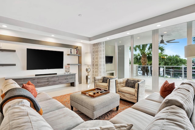 living room featuring ceiling fan