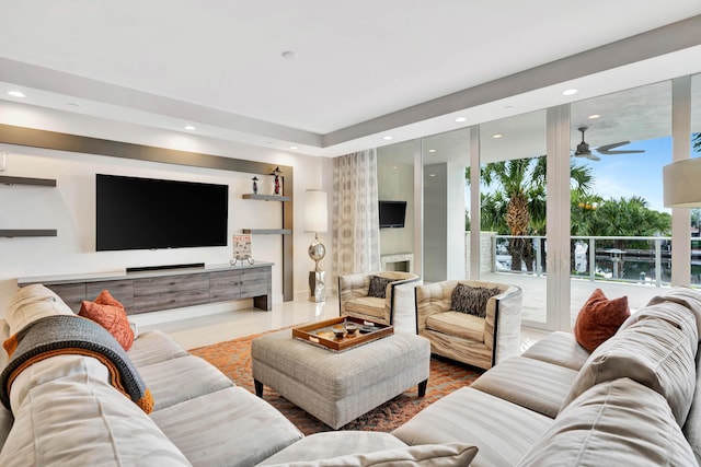 living room featuring ceiling fan