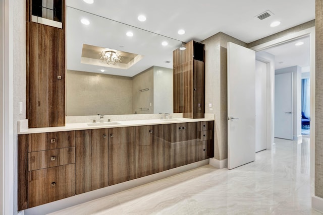 bathroom featuring vanity and a tray ceiling