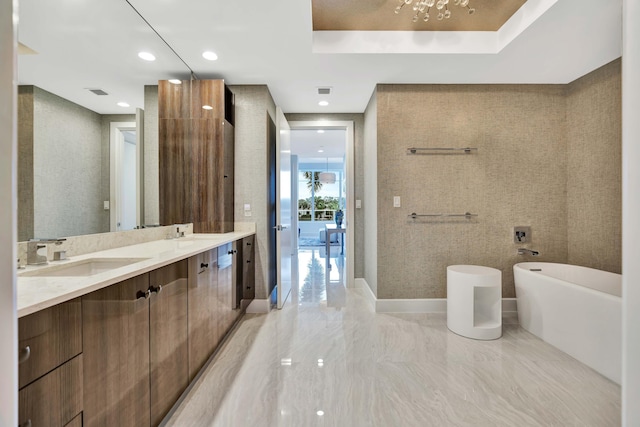 bathroom with vanity, a tray ceiling, and a bathtub