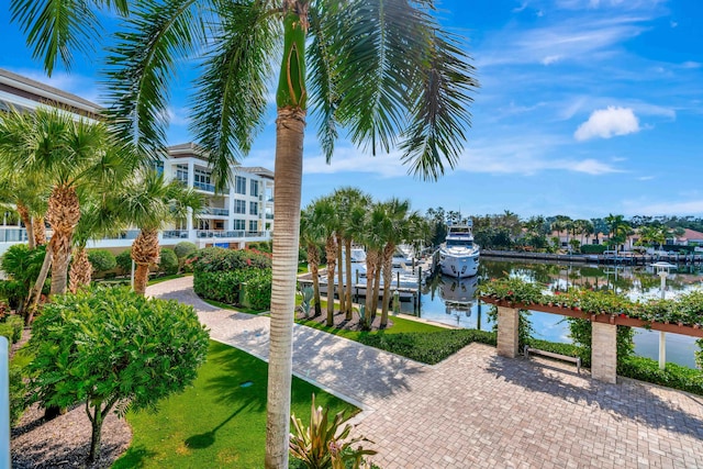 property view of water with a dock