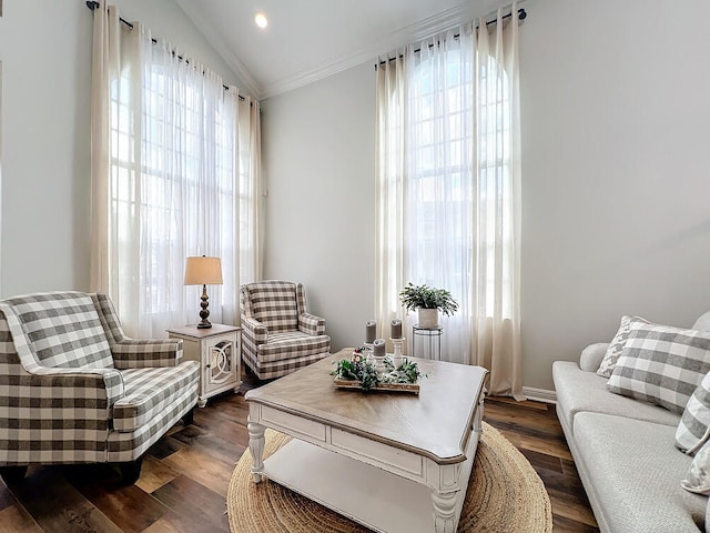 living area with dark hardwood / wood-style floors, ornamental molding, and vaulted ceiling