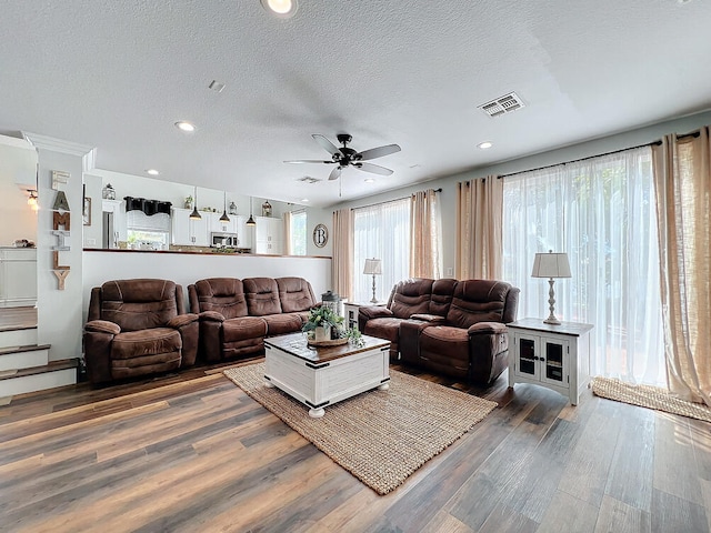 living room with ceiling fan, dark wood-type flooring, and a textured ceiling