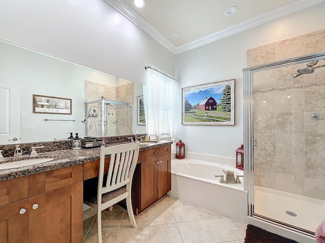 bathroom featuring ornamental molding, tile patterned flooring, separate shower and tub, and vanity