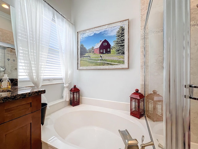 bathroom featuring vanity and independent shower and bath