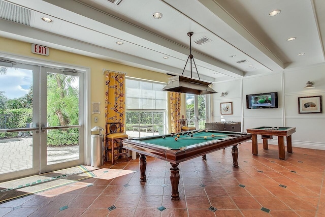 playroom featuring beam ceiling, french doors, tile patterned floors, and pool table