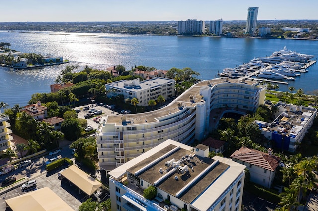 drone / aerial view with a water view