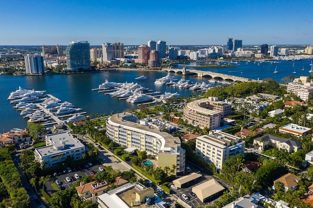 birds eye view of property featuring a water view