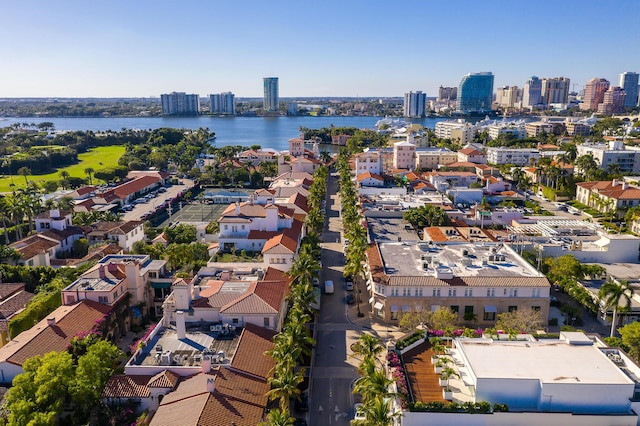 drone / aerial view featuring a water view