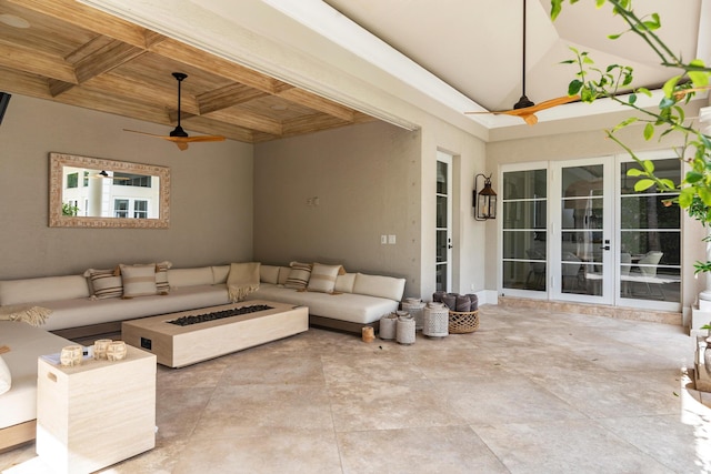 exterior space with ceiling fan, wood ceiling, beamed ceiling, and coffered ceiling