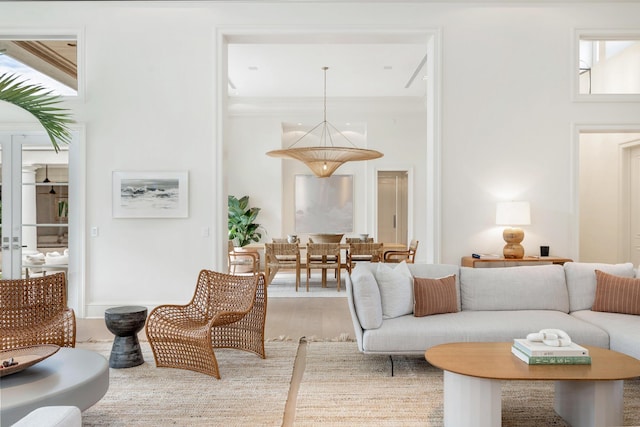 living room with wood-type flooring and french doors