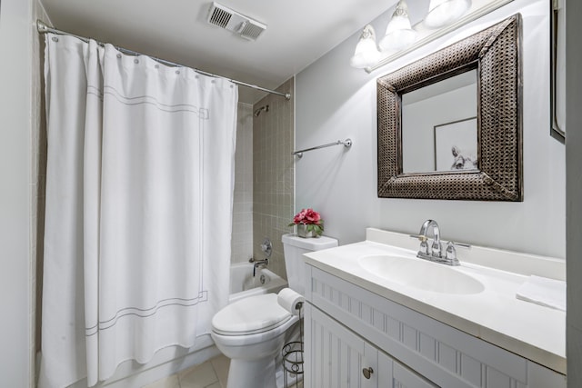 full bathroom with toilet, tile patterned flooring, shower / tub combo, and vanity