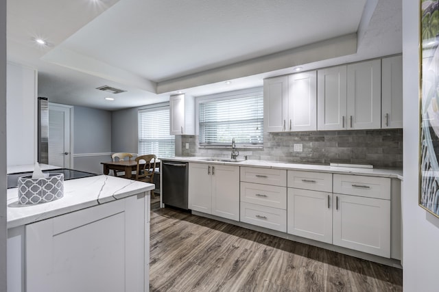 kitchen featuring stainless steel dishwasher, sink, white cabinets, and a raised ceiling